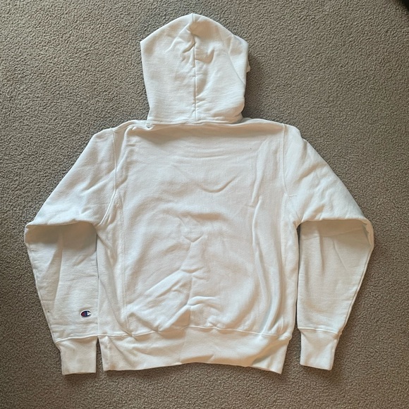 Champion hoodie, adult small, white with raised blue/yellow letters. - Picture 2 of 4
